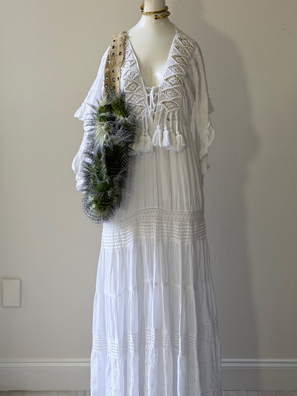 White Boho Maxi Dress with Tassel Tie